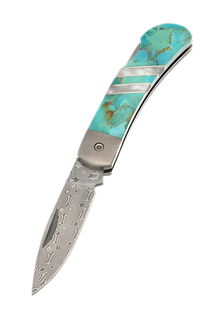 3" Lockback Damascus with Titanium Bolsters – Kingman Green-Blue Turquoise