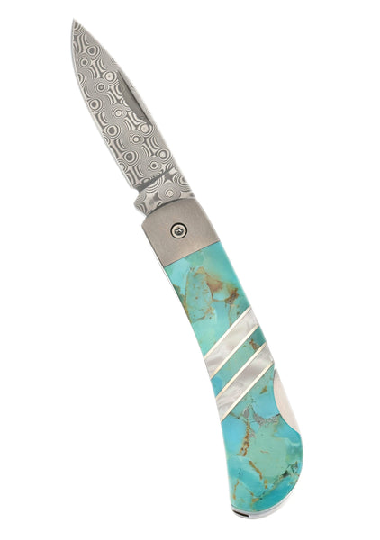 3" Lockback Damascus with Titanium Bolsters – Kingman Green-Blue Turquoise