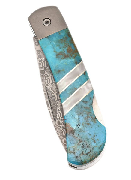 3" Lockback Damascus with Titanium Bolsters – Kingman Blue Turquoise