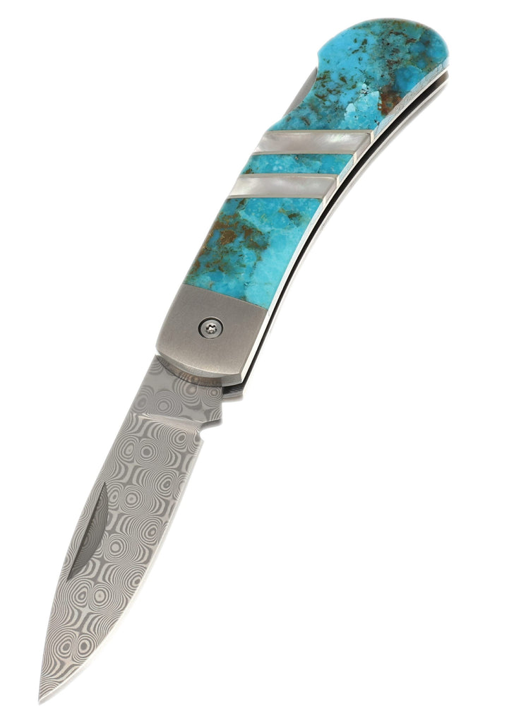 3" Lockback Damascus with Titanium Bolsters – Kingman Blue Turquoise