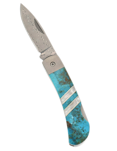 3" Lockback Damascus with Titanium Bolsters – Kingman Blue Turquoise