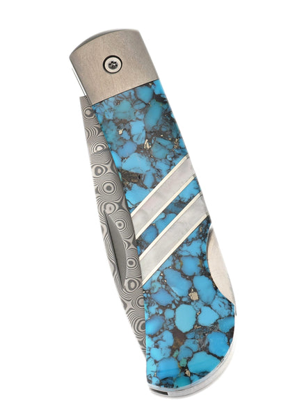 3" Lockback Damascus with Titanium Bolsters – Bonita Blue Turquoise