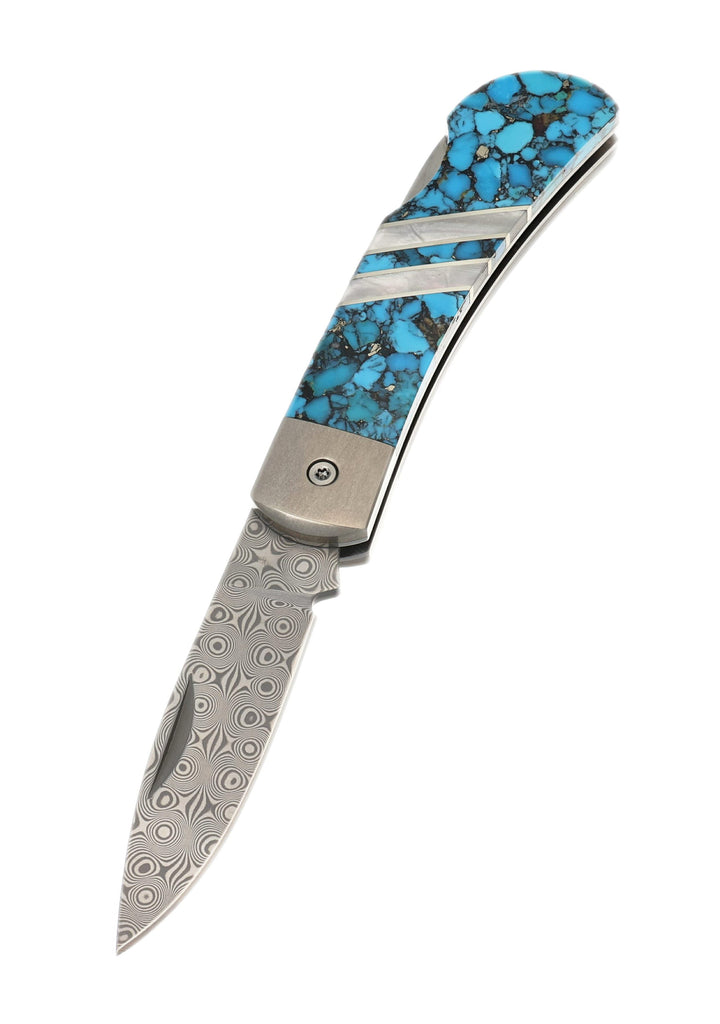 3" Lockback Damascus with Titanium Bolsters – Bonita Blue Turquoise