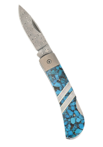3" Lockback Damascus with Titanium Bolsters – Bonita Blue Turquoise