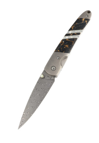 4" Damascus Liner Lock with Titanium Bolsters – Black Buffalo Bronze