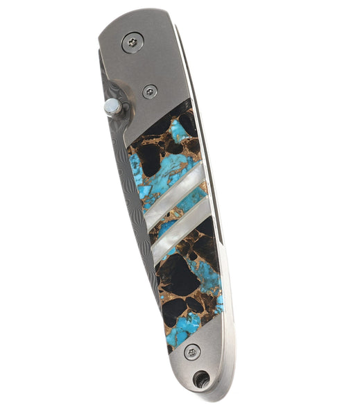 4" Damascus Liner Lock with Titanium Bolsters – Turquoise Obsidian & Bronze