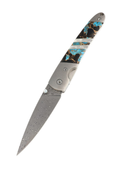 4" Damascus Liner Lock with Titanium Bolsters – Turquoise Obsidian & Bronze