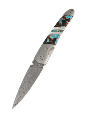 4" Damascus Liner Lock with Titanium Bolsters – Turquoise Obsidian & Bronze