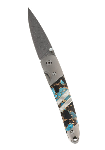 4" Damascus Liner Lock with Titanium Bolsters – Turquoise Obsidian & Bronze