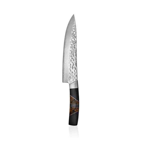 Hammered Damascus - Woolly Mammoth Fossilized Tusk with Jet - 8in Chefs Kitchen Knife