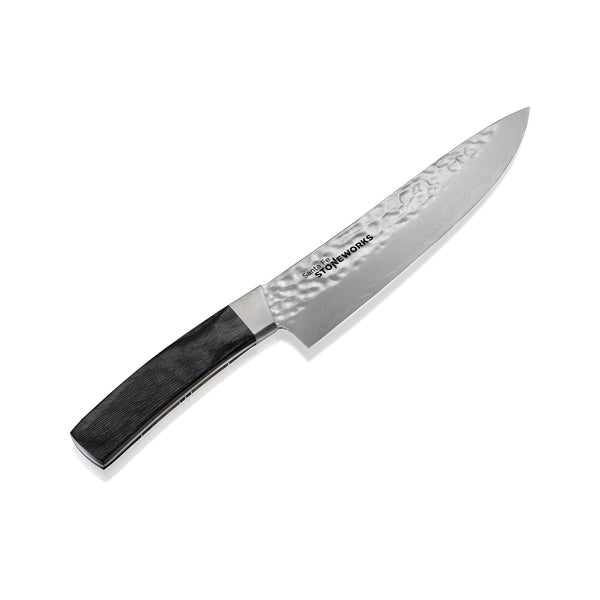 Hammered Damascus - Woolly Mammoth Fossilized Tusk with Jet - 8in Chefs Kitchen Knife