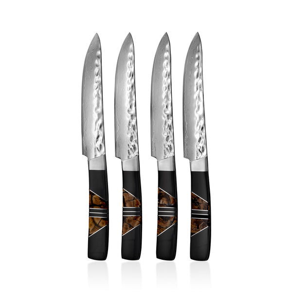 Hammered Damascus Fossilized Mammoth Tusk Steak Knives (set of four)