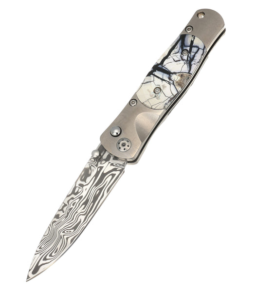Tesoro Button Lock – Damasteel® Bi-Frost & Fossilized White Mammoth Tusk