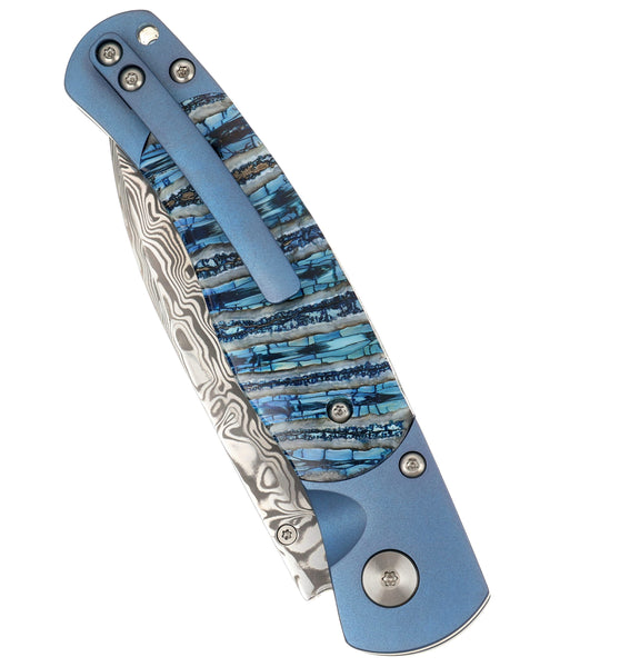El Rey – Damasteel® Bi-Frost, Blue Anodized Titanium & Blue Fossilized Mammoth Tooth