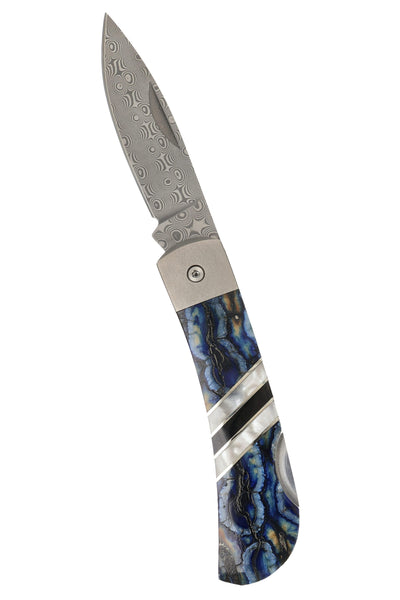 3" Lockback Damascus with Titanium Bolsters – Mammoth Tooth (Natural,Blue & Green)