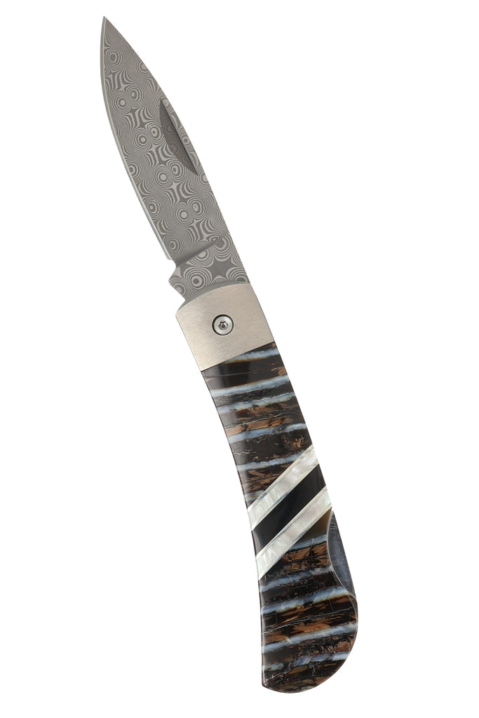 3" Lockback Damascus with Titanium Bolsters – Mammoth Tooth (Natural,Blue & Green)