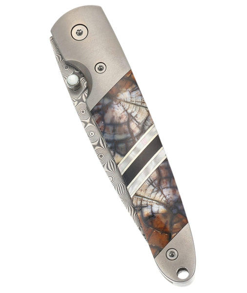 4" Damascus Liner Lock with Titanium Bolsters – White & Carmel Mammoth Tusk