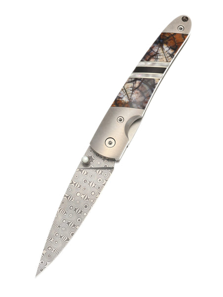 4" Damascus Liner Lock with Titanium Bolsters – White & Carmel Mammoth Tusk