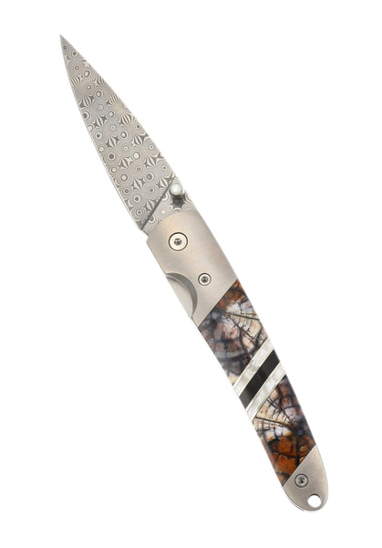 4" Damascus Liner Lock with Titanium Bolsters – White & Carmel Mammoth Tusk