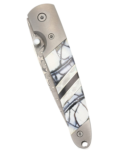 4" Damascus Liner Lock with Titanium Bolsters – White & Carmel Mammoth Tusk