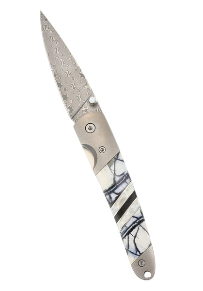 4" Damascus Liner Lock with Titanium Bolsters – White & Carmel Mammoth Tusk