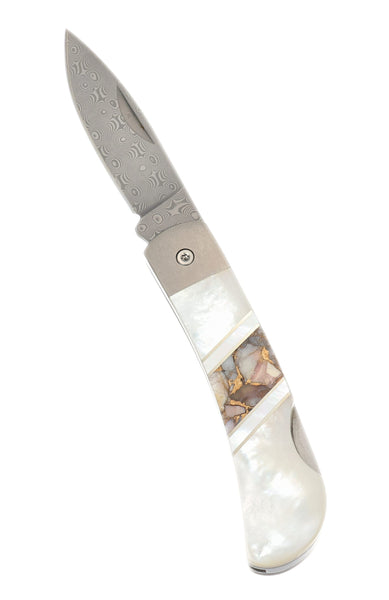 3" Damascus Lockback with Titanium Bolsters – Mother of Pearl Jewelry Collection