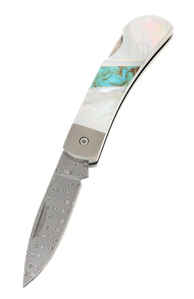 3" Damascus Lockback with Titanium Bolsters – Mother of Pearl Jewelry Collection