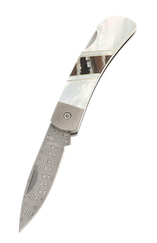3" Damascus Lockback with Titanium Bolsters – Mammoth Tooth &amp; Mother of Pearl Jewelry Collection