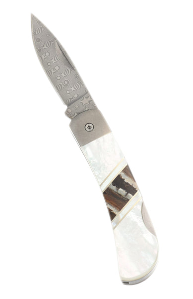 3" Damascus Lockback with Titanium Bolsters – Mammoth Tooth &amp; Mother of Pearl Jewelry Collection