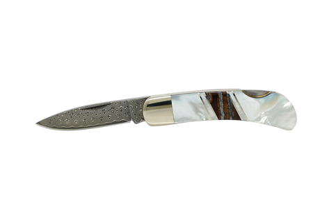 DMOP60M-Mother of Pearl - Woolly Mammoth Tooth - Damascus 3" Lockback