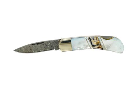 Mother of Pearl - Woolly Mammoth Tusk -  Damascus 3" Lockback
